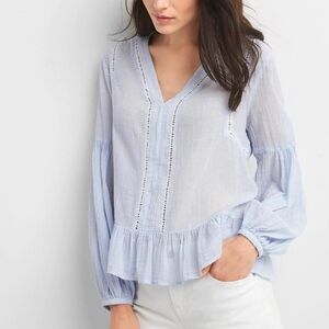 GAP Blue Peplum Peasant Blouse Ladder Trim Cotton